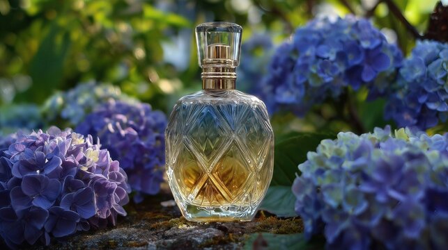 Luxury perfume bottle placed among blooming hydrangea flowers in natural garden light.