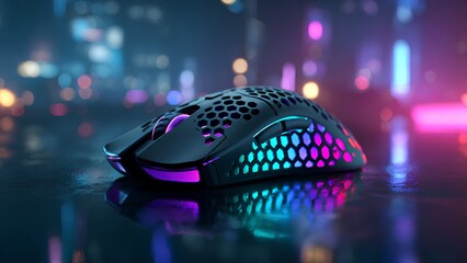 RGB Gaming Mouse with Neon Cyberpunk Lighting on Futuristic Dark Background