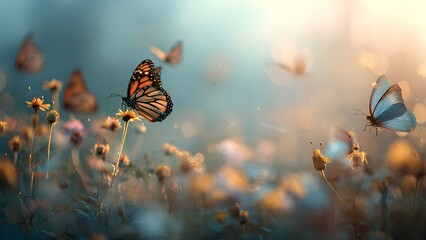 Butterflies Flying Over Wildflowers in Soft Dreamy Light