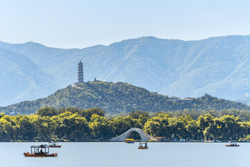 Kunming Lake in summer scenery and Jade Peak Pagoda on the West Causeway of the Summer Palace in Beijing, China.