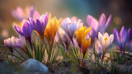 Colorful Crocus Flowers Blooming in Soft Spring Light