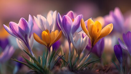 Colorful Crocus Flowers Blooming in Soft Spring Light