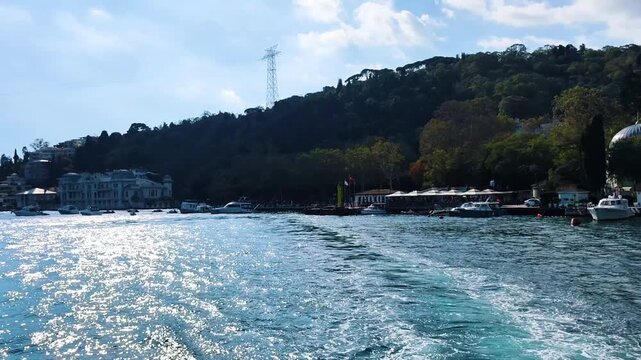 Istanbul Bosphorus View, Anadolu Hisari Coast with Boats and Historic Mosque