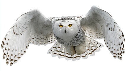 Snowy Owl Flying with Spread Wings Isolated on White Background