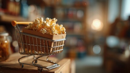 Mini shopping cart filled with popcorn in warm cinematic light, movie night snack concept.