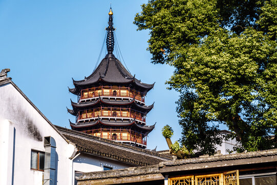 A close-up of the Bao'en Temple Pagoda in Suzhou, Jiangsu Province, China.