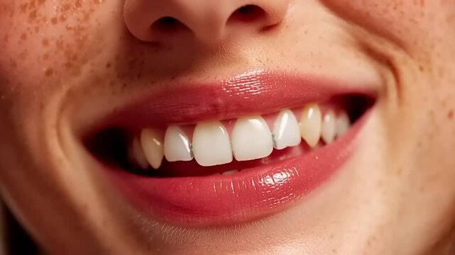 Freckled woman smiles warmly revealing her straight white teeth in a high-resolution macro portrait.