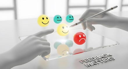 Customer satisfaction survey with emoji ratings and feedback matters concept