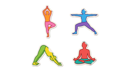 Vibrant yoga pose sticker icons set. Colorful fitness silhouettes. Meditation workout vector collection. Stretching asana labels. Sport health patches. Pilates signs. Zen balance.