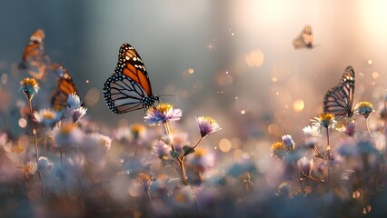 Butterflies Flying Over Wildflowers in Soft Dreamy Light