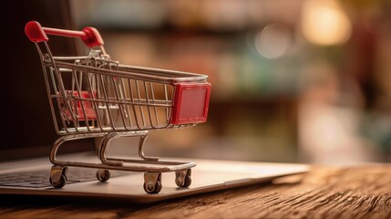 Mini shopping cart on laptop keyboard, symbolizing online shopping, ecommerce, and digital consumer behavior.