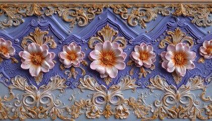 Obraz premium Three dimensional floral bas-relief ornamentation displays intricate scrolling details in contrasting pastel colors