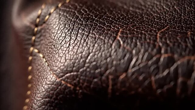 Leather texture close-up shows fine cracks and stitched seam detail.