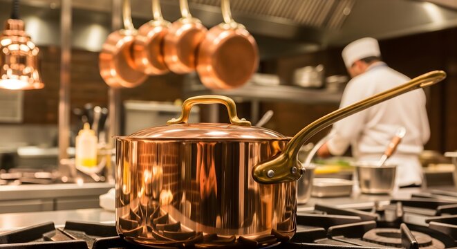 Traditional professional restaurant kitchen with shiny copper pots hanging and chef working in background blurred focus on large copper saucepan on gas stove burner during busy dinner service shift