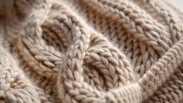 Knitted fabric with a detailed cable stitch pattern displays soft wool texture.