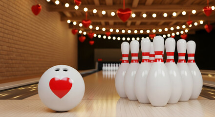 Naklejka premium Romantic bowling alley decoration with heart shaped bowling ball ready to strike pins for valentine celebration or love themed event setting with warm lighting