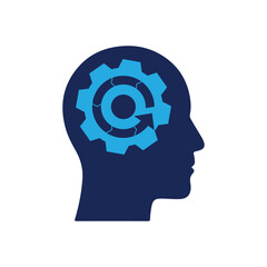 this is an abstract logo design that depicts a human head with a cog and circular arrow in it symbolizing processing thought that can be used for mental or psychological related logo.