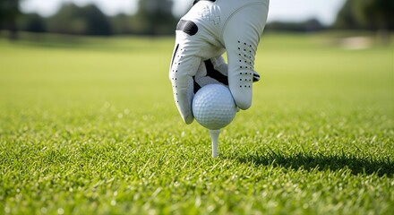 Hand in white glove placing golf ball on tee on green grass of fairway during sunny day at luxury resort course for sport hobby and recreation under clear sky with blurred natural background view