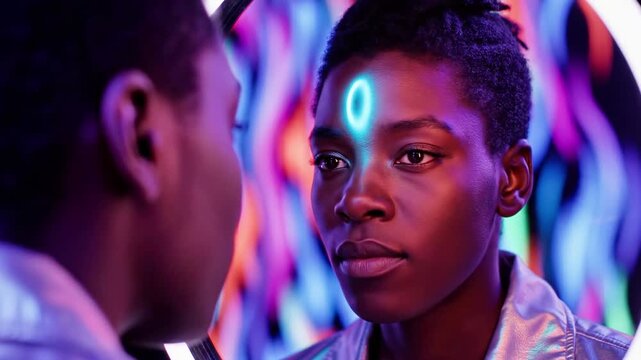 A young dark-skinned person with short hair and a futuristic glowing blue mark on their forehead looks directly with a curious expression, facing another person