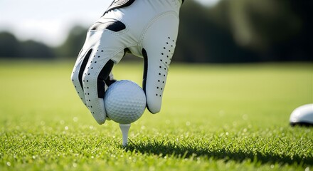 A close up view of a gloved hand placing a golf ball on a tee on a lush green golf course under a clear sky with soft focus background during daytime golf practice