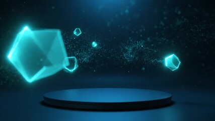 Futuristic digital shapes floating above a sleek, circular platform in a dark, starry environment viewed from a slight angle - Powered by Adobe