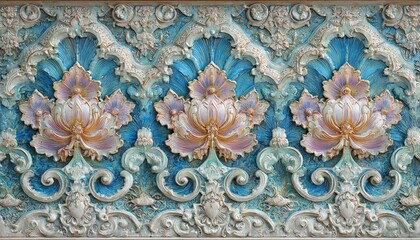 Intricate floral bas-relief molding features repeating patterns of stylized blossoms and swirling ornamental details
