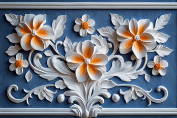 Intricate three dimensional floral bas relief sculpture adorns a textured blue surface