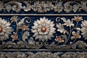 Intricate baroque style floral relief carving exhibits detailed silver ornamentation against a deep blue background