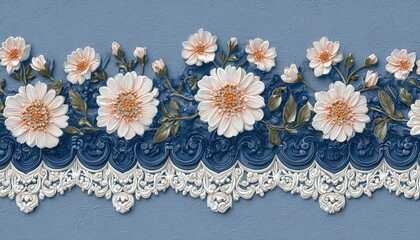 Embossed three dimensional floral border design with ornate lacework against a textured cool blue background