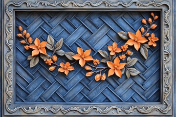 Ornate, three dimensional floral relief carving adorns a textured blue woven background within an elegant frame