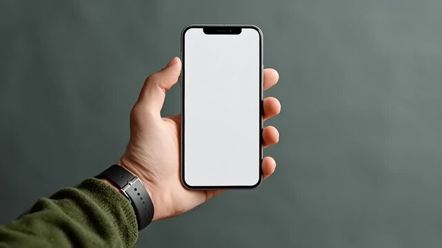 Smartphone with a blank screen is held in a person's hand against a dark grey background to showcase mobile interface design.