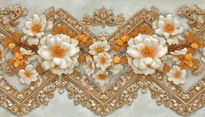 Ornate baroque style floral border design features sculpted ivory blossoms and golden decorative framing elements