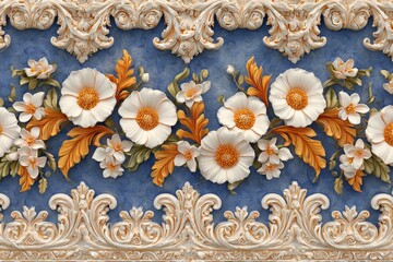 Ornate three dimensional floral molding adorns a textured blue surface backdrop