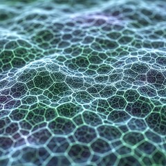 Intricate network of glowing green and blue hexagons