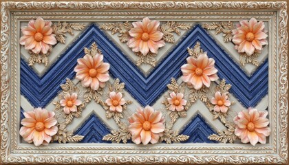 Decorative three dimensional floral panel exhibits intricate chevron pattern within an ornate frame