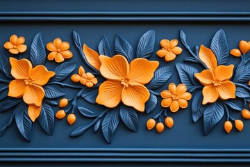 Three dimensional floral border design features vibrant orange blossoms against a deep indigo background