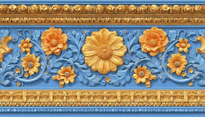 Ornate architectural border featuring three dimensional sculpted floral and foliage elements in contrasting colors