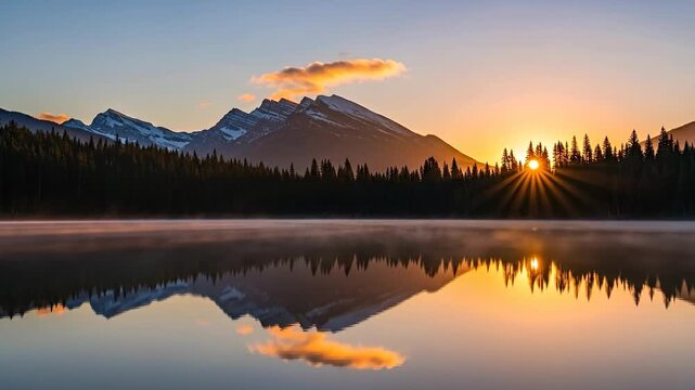Scenic sunset over mountains reflected in calm lake with lush trees.