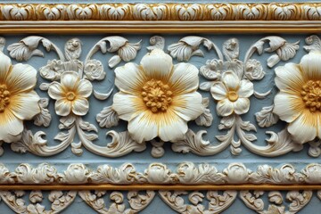 Elaborate neoclassical border molding features raised floral and foliate ornamentation against a muted blue background
