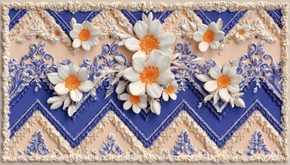 Three dimensional floral ornamentation overlays a rich blue and beige chevron pattern