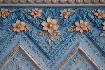 Ornate architectural panel displays detailed floral molding in pale blue and beige tones