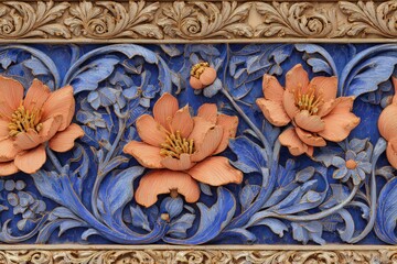 Intricate floral relief carving displays colorful botanical motifs against a deep background