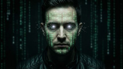 A man's face with glowing eyes and green digital matrix code projected onto his skin, against a dark background with falling code.