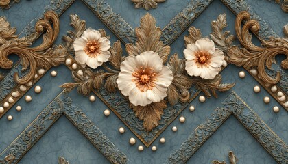 Ornate classical panel features three dimensional white blossoms and detailed golden scrollwork over a textured blue ground