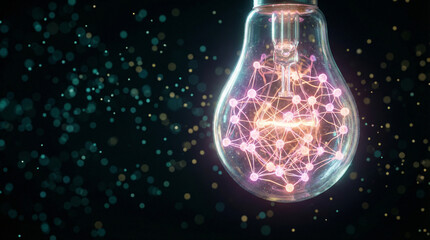 A glowing light bulb containing an intricate, interconnected network structure, symbolizing artificial intelligence, innovation, and bright ideas against a dark, sparkling background.