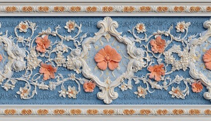 Ornate architectural molding showcases three dimensional floral plasterwork against a textured background