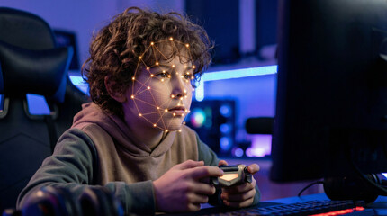 Young boy with facial recognition overlay playing video games on a computer in a dark, neon-lit room.