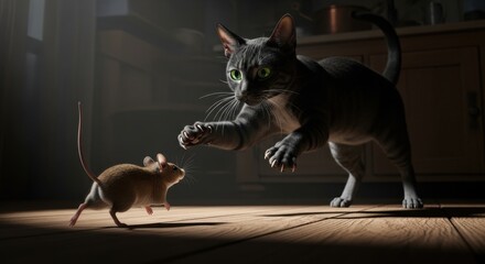 Dramatic encounter - Cat poised to pounce on unsuspecting mouse.