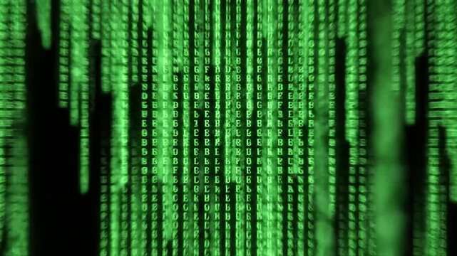 Digital rain effect with green binary code on black background.