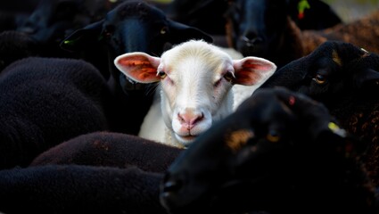 Fototapeta premium A white sheep is prominently positioned among a cluster of black sheep, showcasing its distinct color and features, creating a striking visual contrast in a natural pasture setting